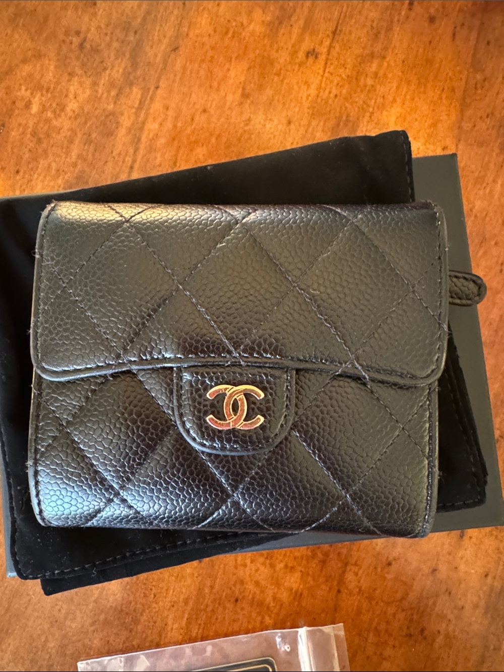 CHANEL Black Quilted Caviar Leather Wallet with Gold CC